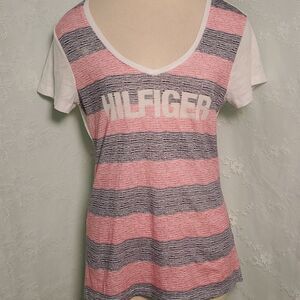 TOMMY HILFIGER, tee, women's v neck large.red, white and blue